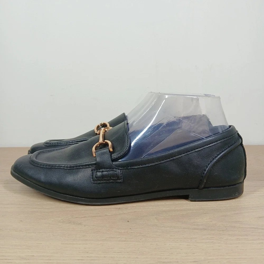 Steve Madden Loafers Women 9 Carrine Black Leather Gold Horsebit Flat Shoes